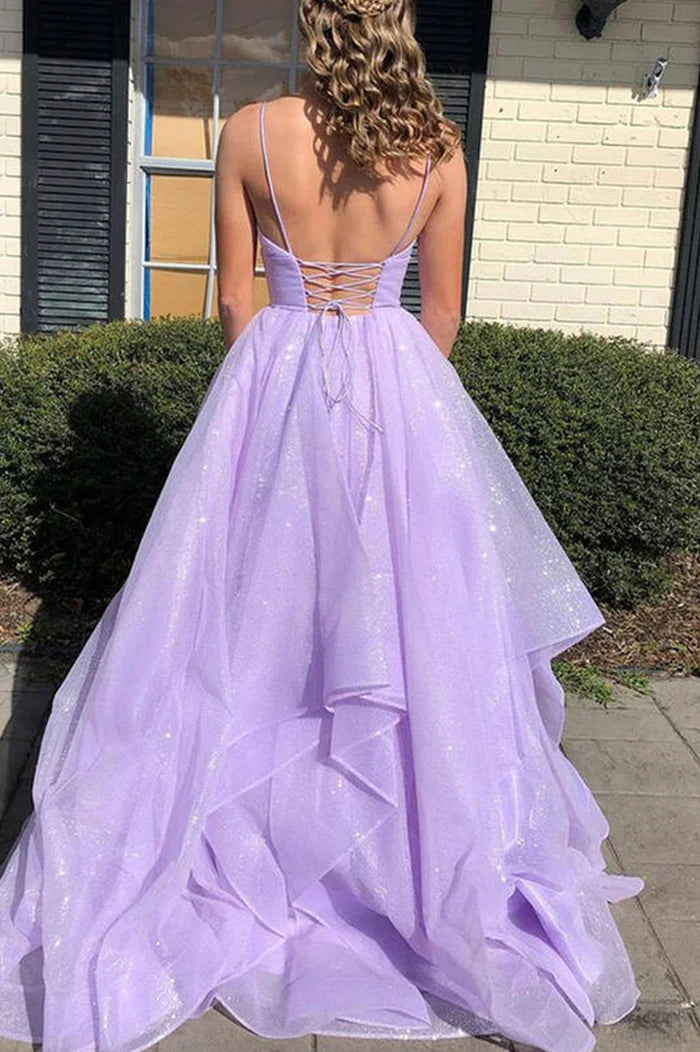 Purple Tulle Long A-Line Prom Dress, V-Neck Spaghetti Straps Evening Dress